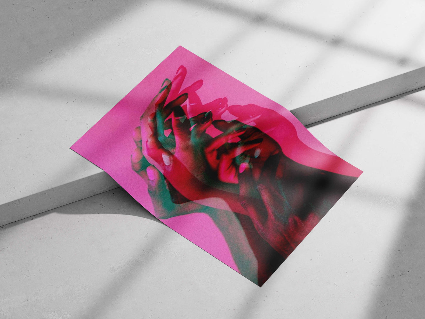 Overlapping hands in layered digital composition Overlapping Hands Intimate Digital Collage Poster – Neon Pink
