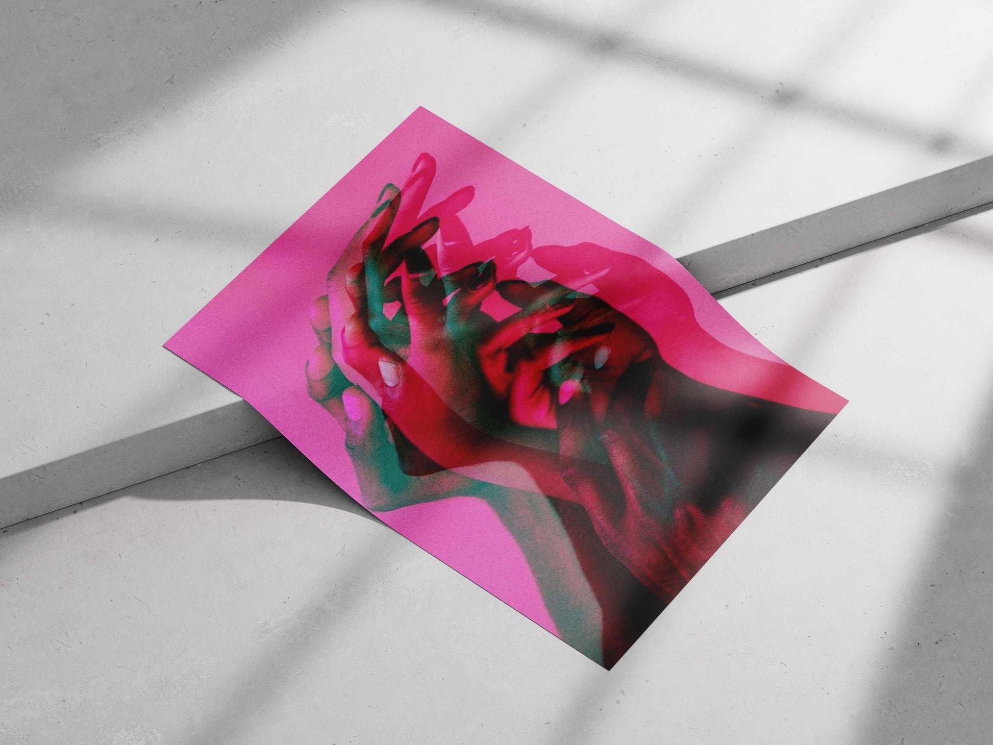 Overlapping hands in layered digital composition Overlapping Hands Intimate Digital Collage Poster – Neon Pink