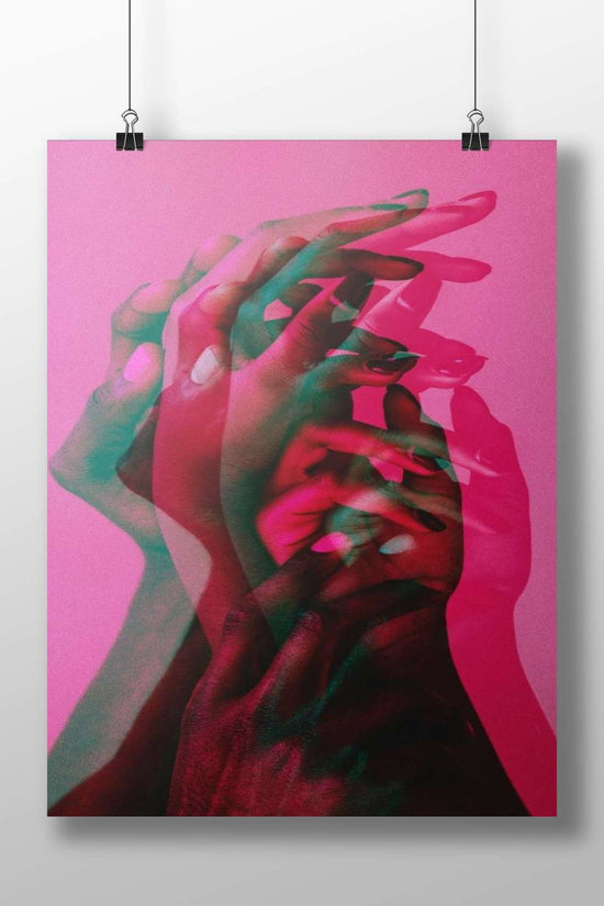 Overlapping hands in layered digital composition Overlapping Hands Intimate Digital Collage Poster – Neon Pink