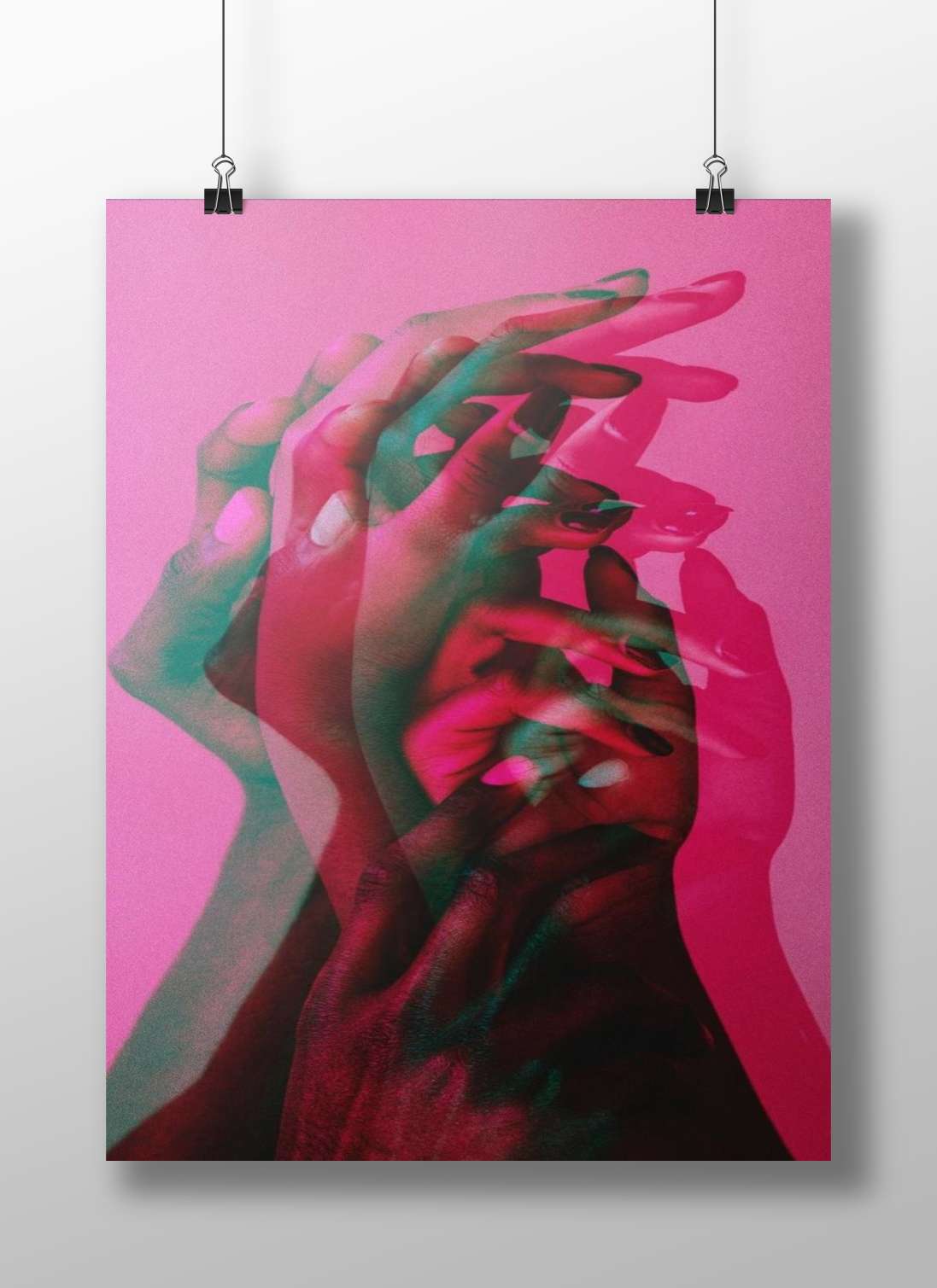 Overlapping hands in layered digital composition Overlapping Hands Intimate Digital Collage Poster – Neon Pink