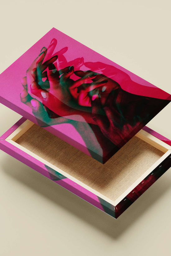 Overlapping hands in layered digital composition Overlapping Hands Intimate Digital Collage Poster – Neon Pink