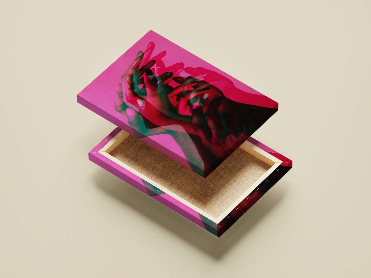 Overlapping hands in layered digital composition Overlapping Hands Intimate Digital Collage Poster – Neon Pink