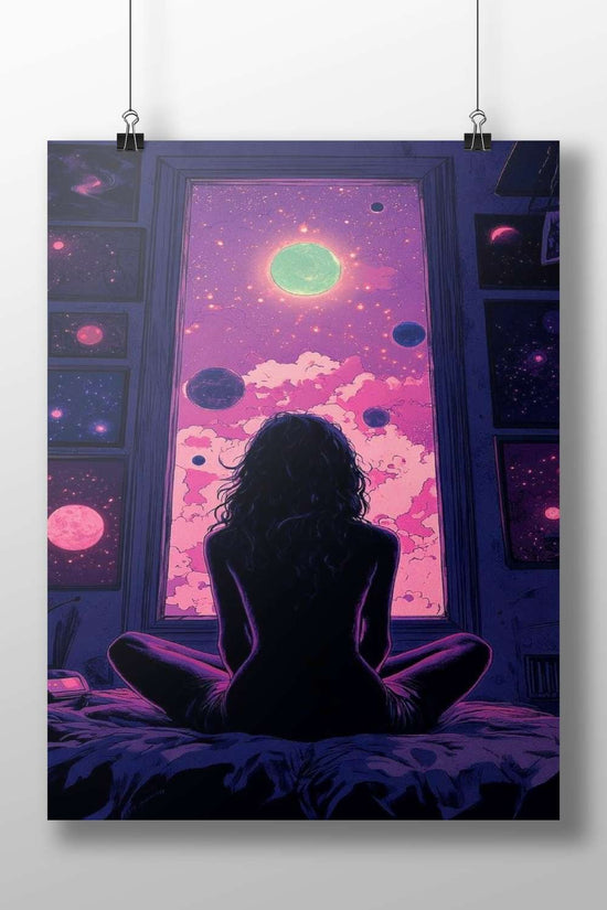 Cosmic Meditator Abstract Digital Art Poster – Pink Clouds And Celestial Window Wall Art