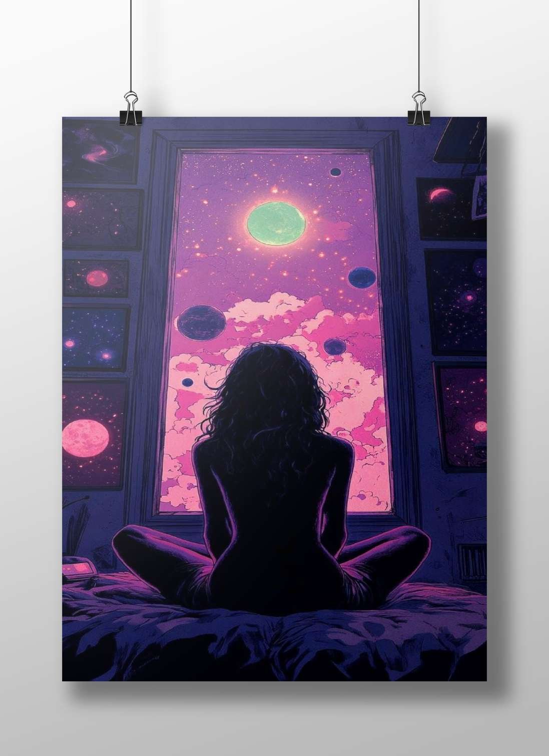 Cosmic Meditator Abstract Digital Art Poster – Pink Clouds And Celestial Window Wall Art