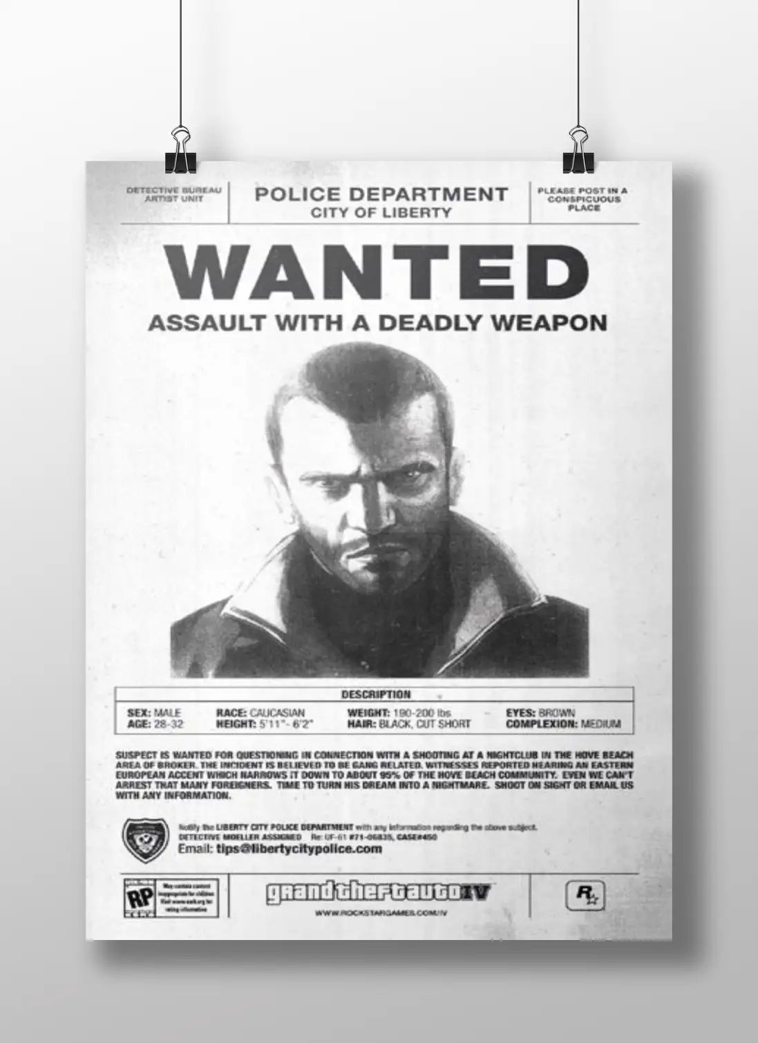 GTA 4 Wanted Poster | Grand Theft Auto IV Niko Bellic Art Print