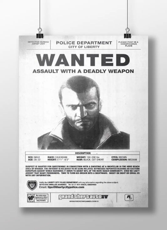GTA 4 Wanted Poster | Grand Theft Auto IV Niko Bellic Art Print