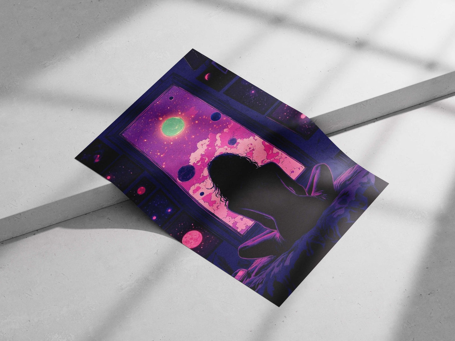 Cosmic Meditator Abstract Digital Art Poster – Pink Clouds And Celestial Window Wall Art