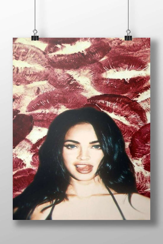 Megan Fox Playful Red Lipstick Digital Collage Poster – Pop Art Wall Art