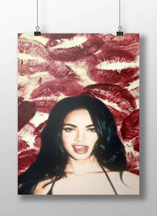 Megan Fox Playful Red Lipstick Digital Collage Poster – Pop Art Wall Art