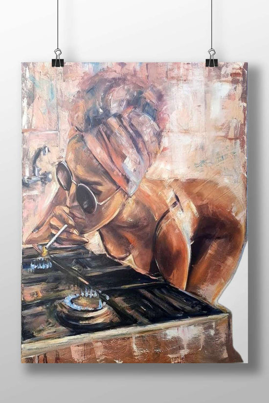 Person with traditional Indian headwrap and sunglasses in bathroom setting Rani Turbaned Woman Reflective Bathroom