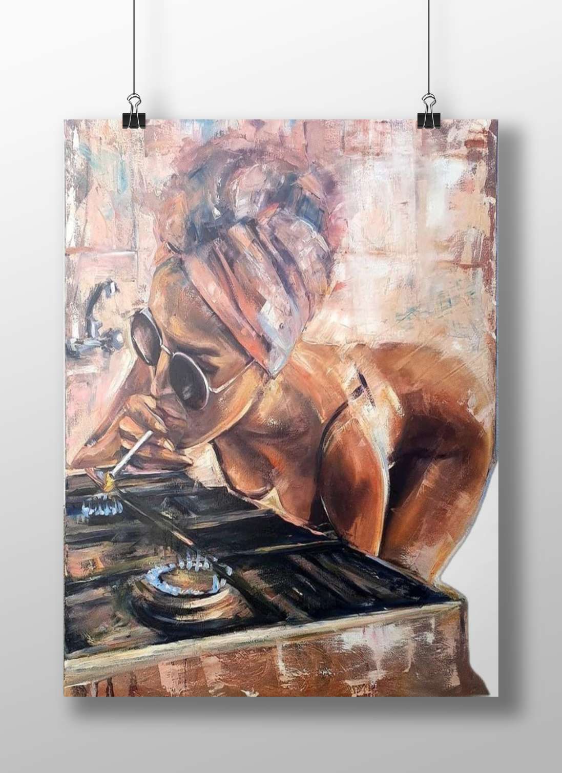 Person with traditional Indian headwrap and sunglasses in bathroom setting Rani Turbaned Woman Reflective Bathroom