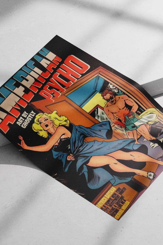 Patrick Bateman American Psycho Fleeing Woman Chainsaw Horror Vintage Comic Book Poster – Serial Killer