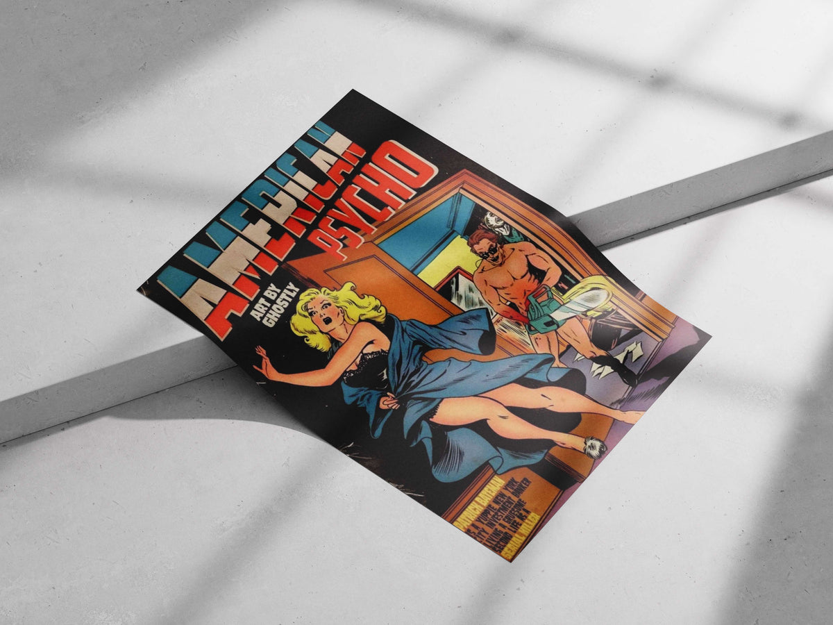 Patrick Bateman American Psycho Fleeing Woman Chainsaw Horror Vintage Comic Book Poster – Serial Killer