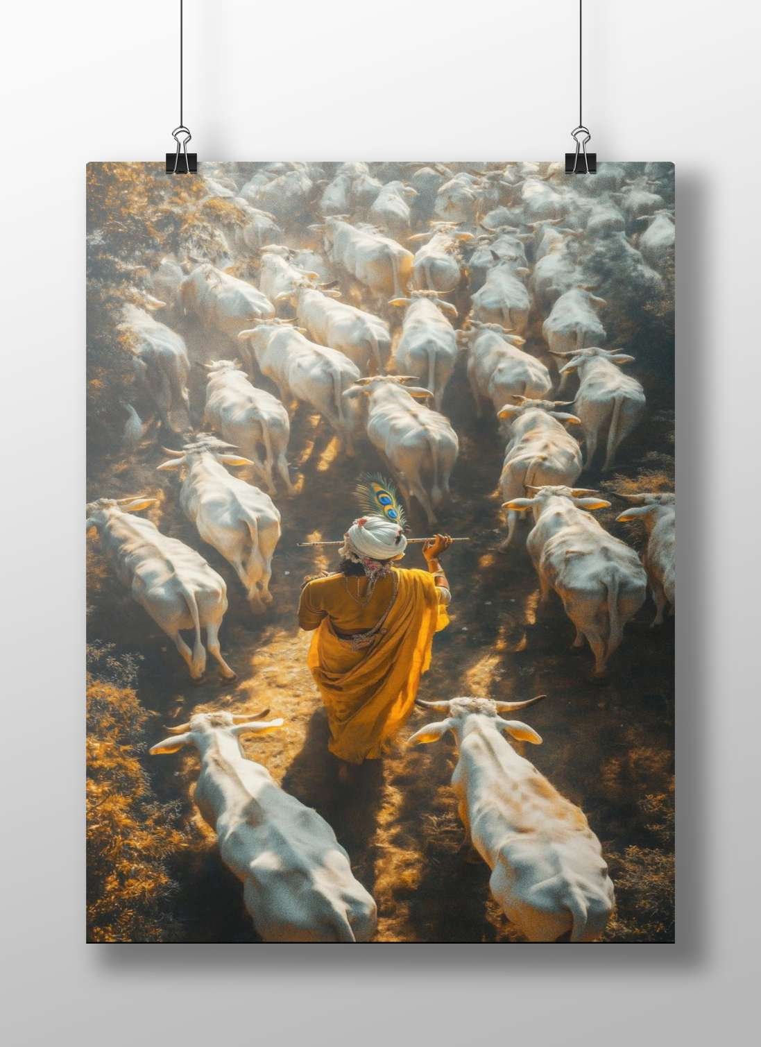 Lord Krishna (the deity depicted herding white cows with a flute and peacock feather headdress) Main Subject: Lord Krishna