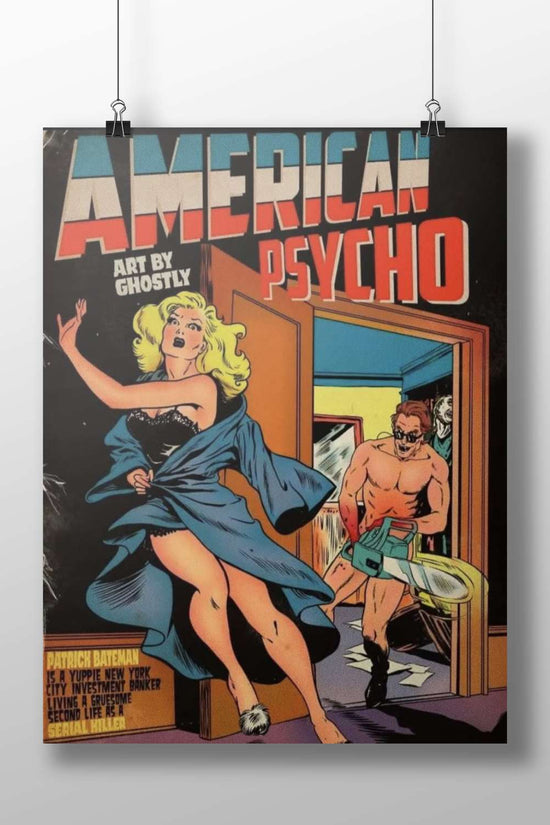 Patrick Bateman American Psycho Fleeing Woman Chainsaw Horror Vintage Comic Book Poster – Serial Killer