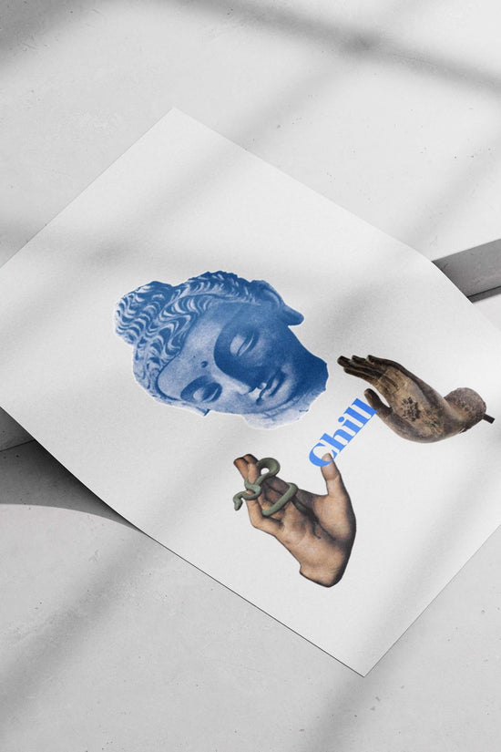Blue-toned stone Buddha head sculpture with accompanying hands (one holding a snake, one raised in