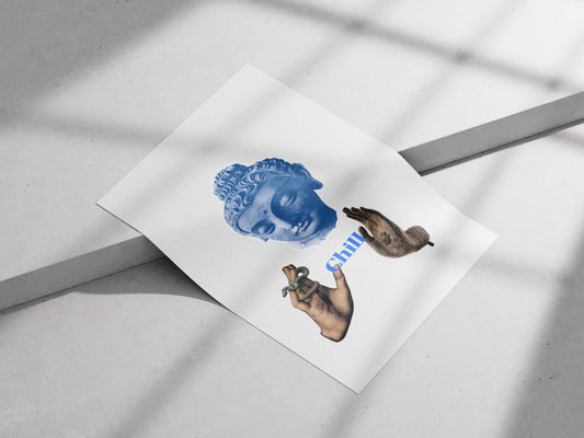 Blue-toned stone Buddha head sculpture with accompanying hands (one holding a snake, one raised in