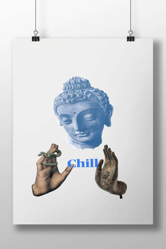 Blue-toned stone Buddha head sculpture with accompanying hands (one holding a snake, one raised in