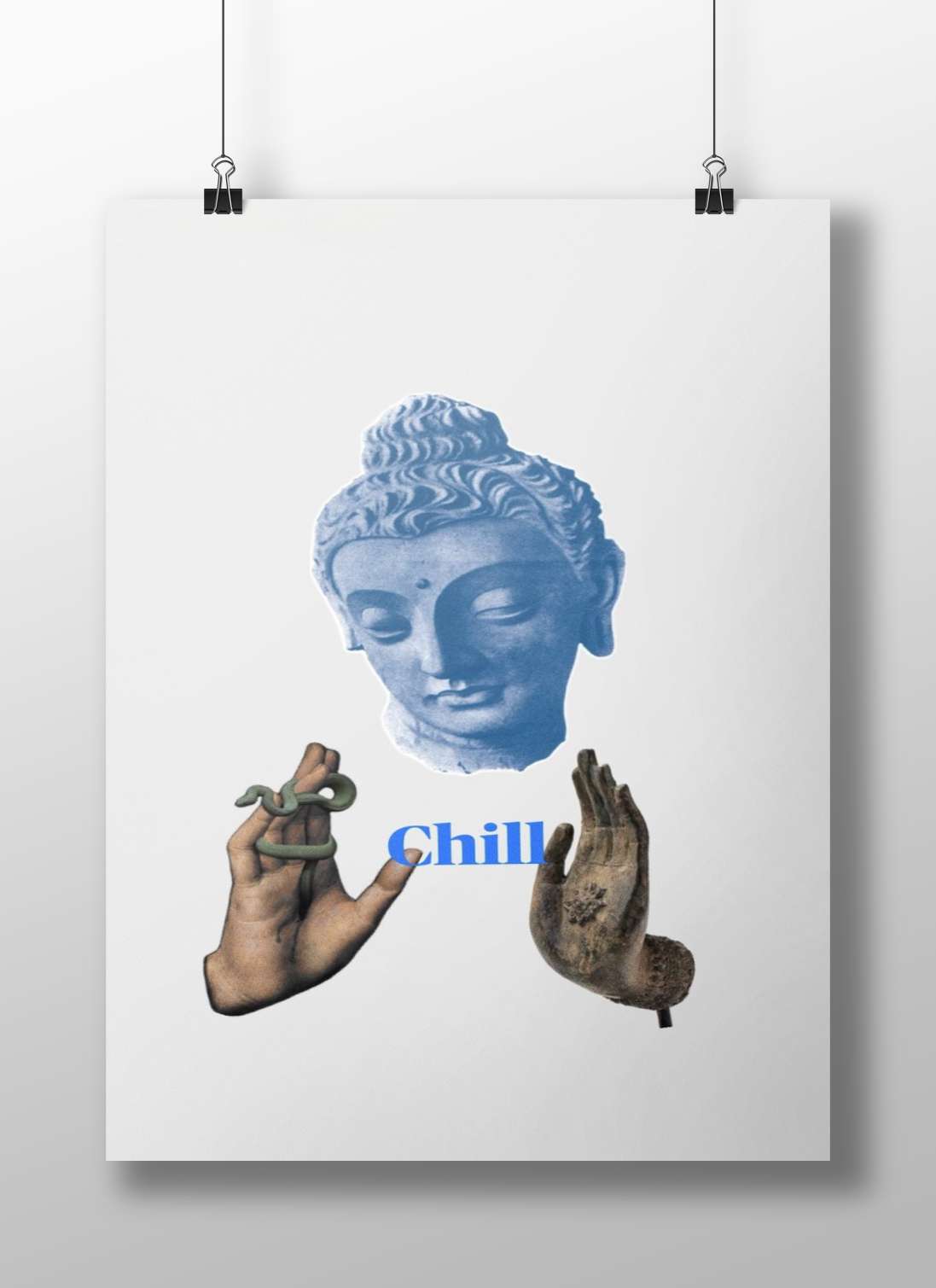 Blue-toned stone Buddha head sculpture with accompanying hands (one holding a snake, one raised in