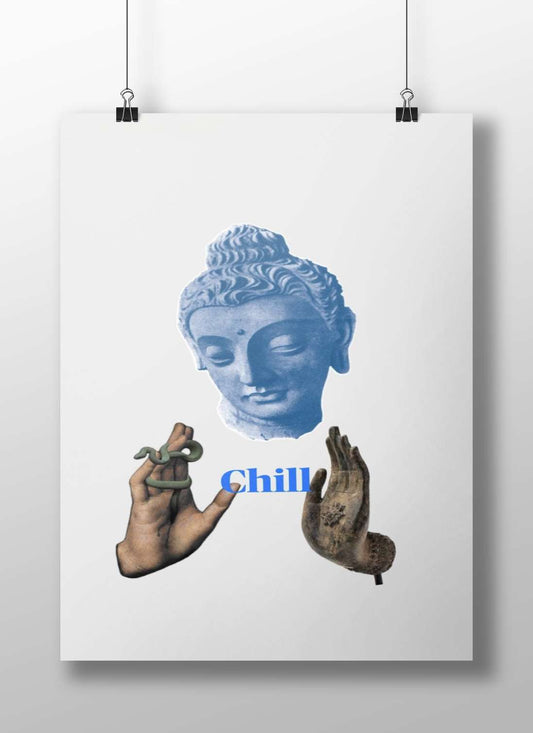 Blue-toned stone Buddha head sculpture with accompanying hands (one holding a snake, one raised in