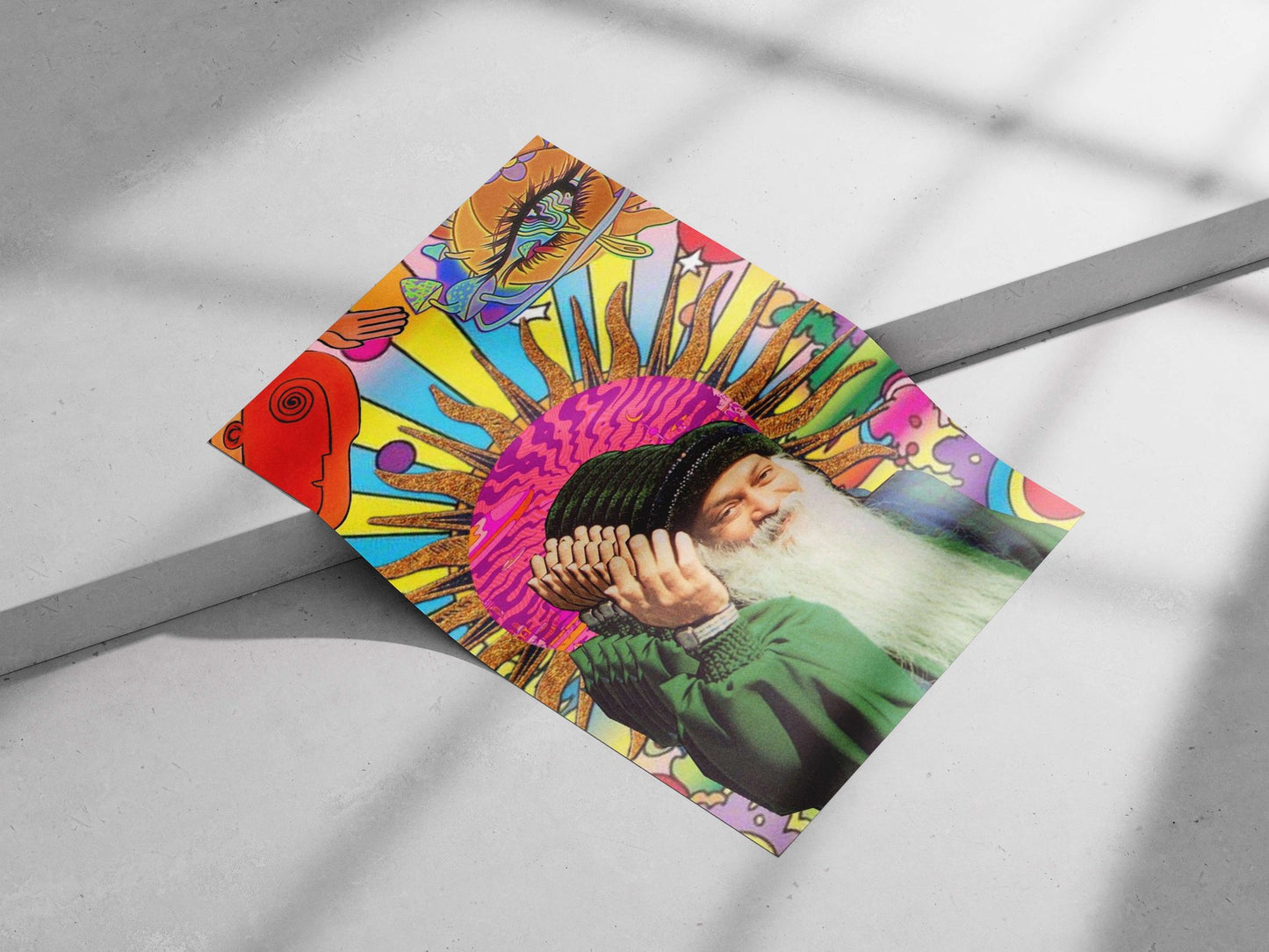 Sai Baba Cosmic Eye Stylized Vedic Spirituality Poster – Psychedelic Sun Rays Wall Art