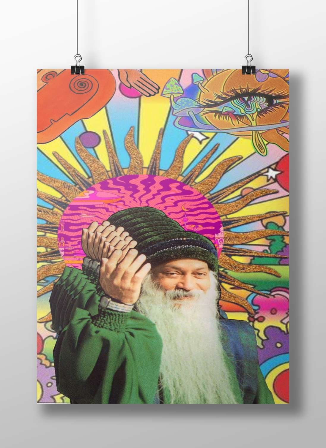 Sai Baba Cosmic Eye Stylized Vedic Spirituality Poster – Psychedelic Sun Rays Wall Art