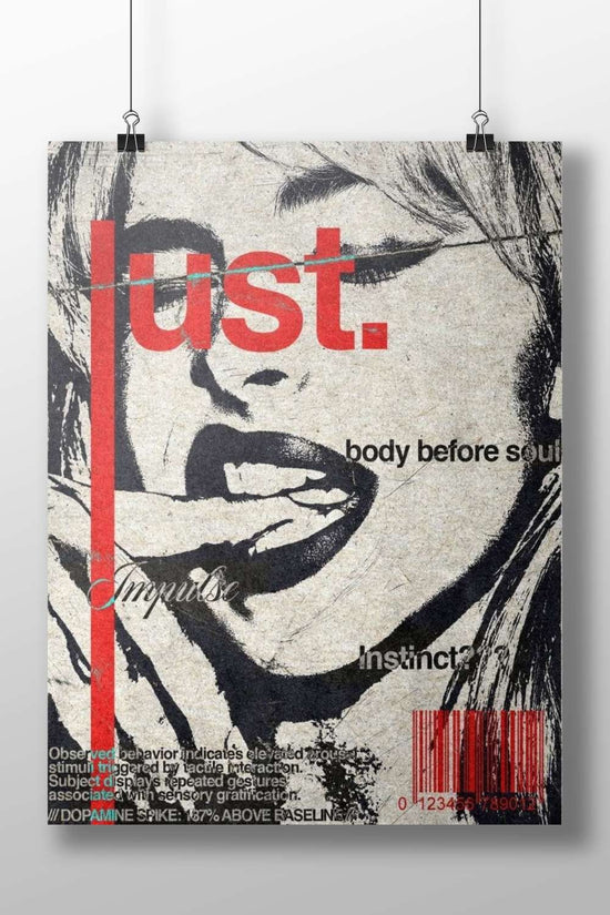 "Just." (text) with supporting phrases like "body before soul" and "Impulse". Main Subject: "Just." (text) with supporting