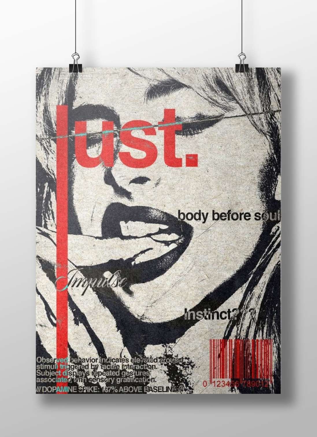 "Just." (text) with supporting phrases like "body before soul" and "Impulse". Main Subject: "Just." (text) with supporting