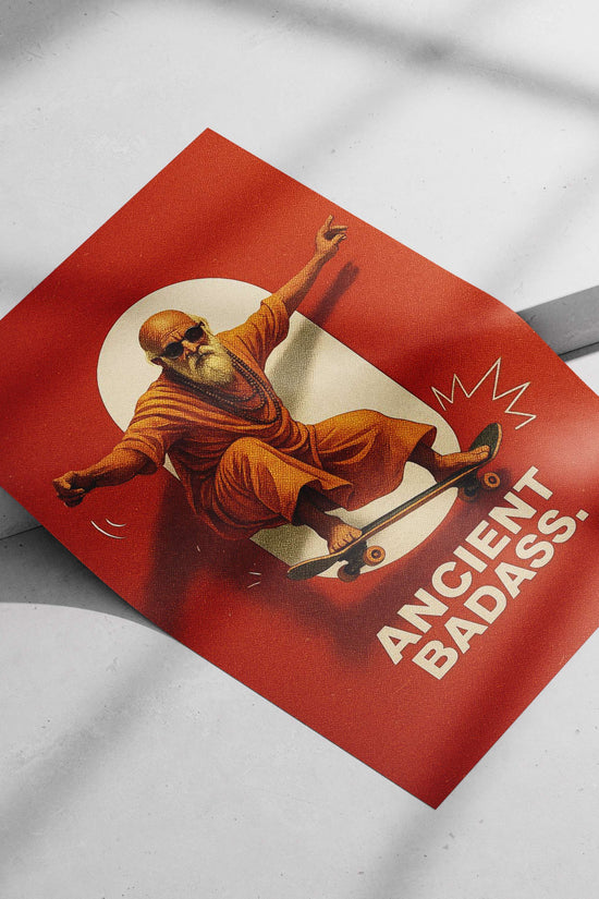 Stylized depiction of a spiritual figure in saffron robes on a skateboard Shirdi Sai Baba