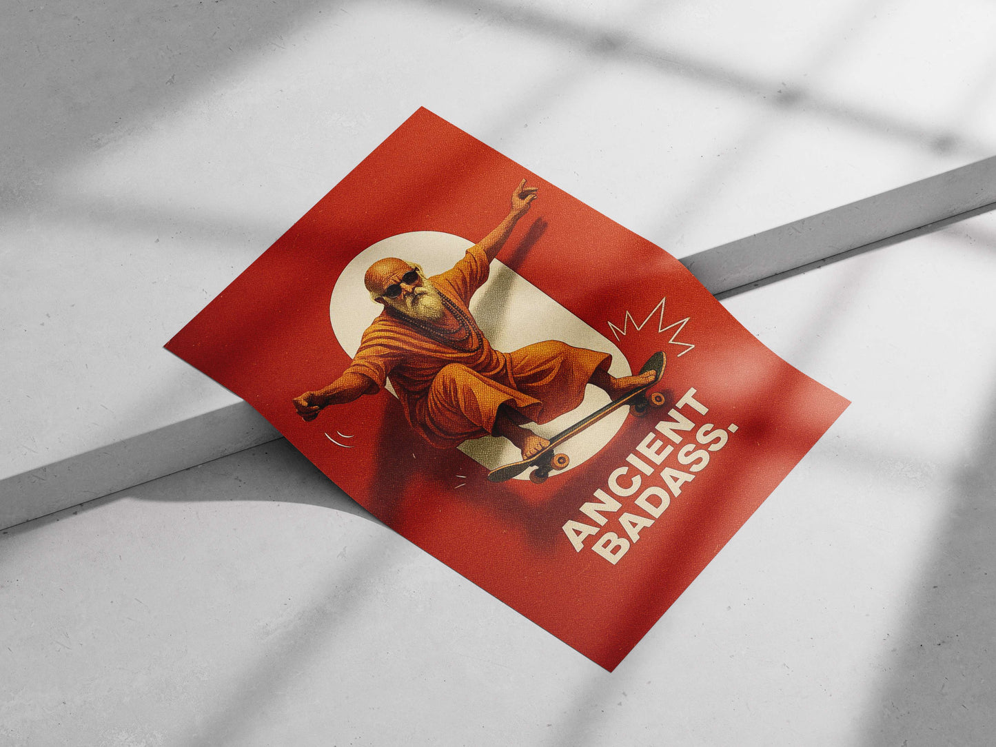 Stylized depiction of a spiritual figure in saffron robes on a skateboard Shirdi Sai Baba