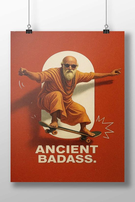 Stylized depiction of a spiritual figure in saffron robes on a skateboard Shirdi Sai Baba