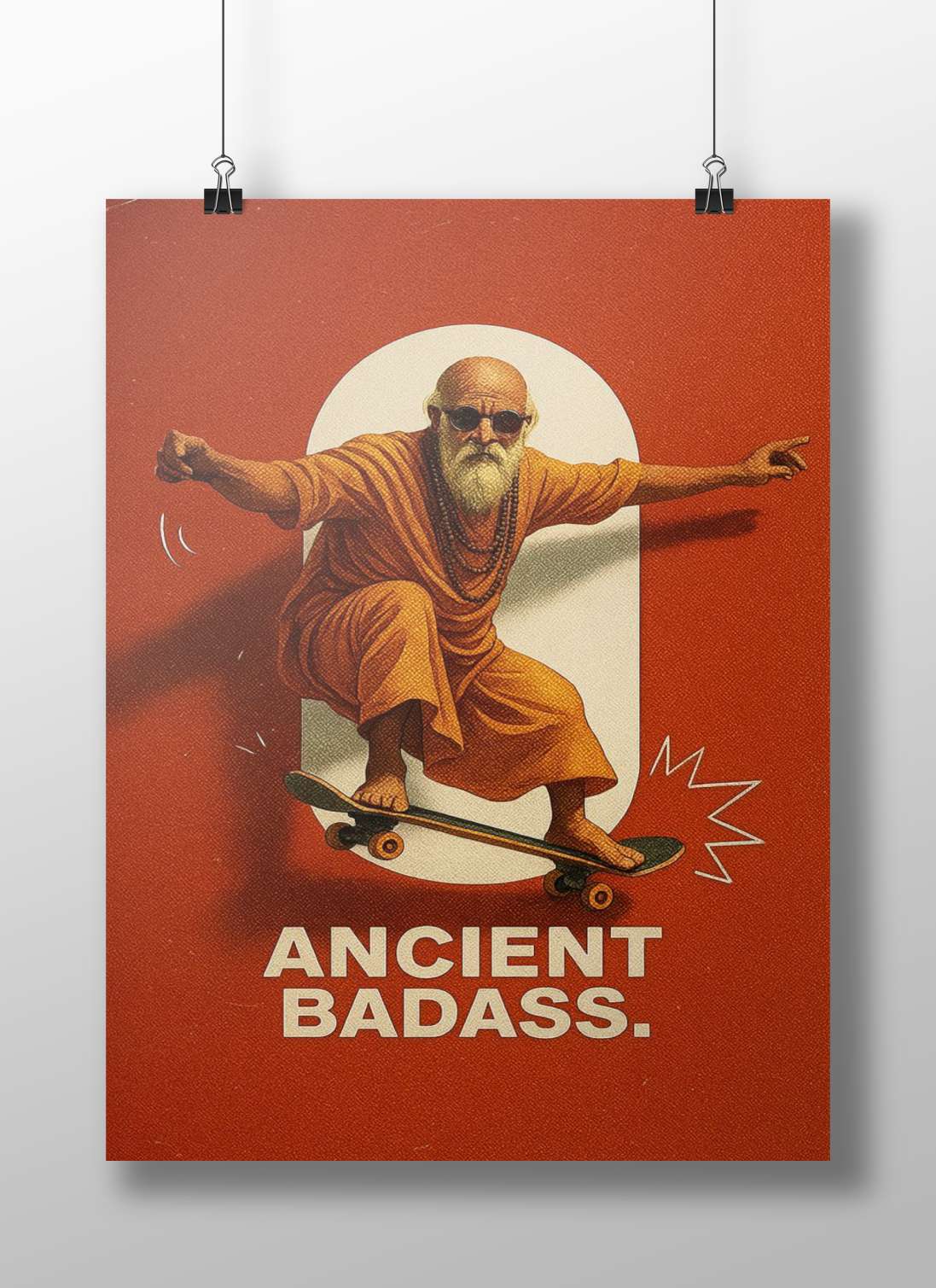 Stylized depiction of a spiritual figure in saffron robes on a skateboard Shirdi Sai Baba
