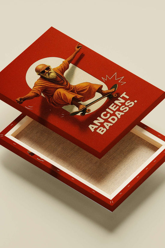 Stylized depiction of a spiritual figure in saffron robes on a skateboard Shirdi Sai Baba