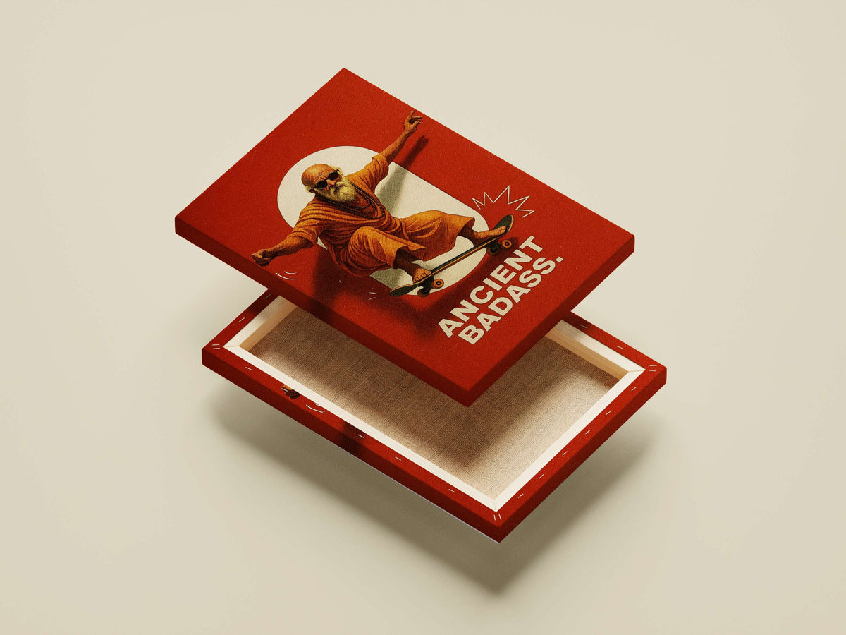 Stylized depiction of a spiritual figure in saffron robes on a skateboard Shirdi Sai Baba
