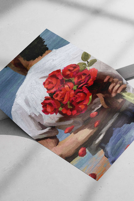 a man from the back holding a bouquet of red roses, wearing a white shirt