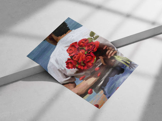 a man from the back holding a bouquet of red roses, wearing a white shirt