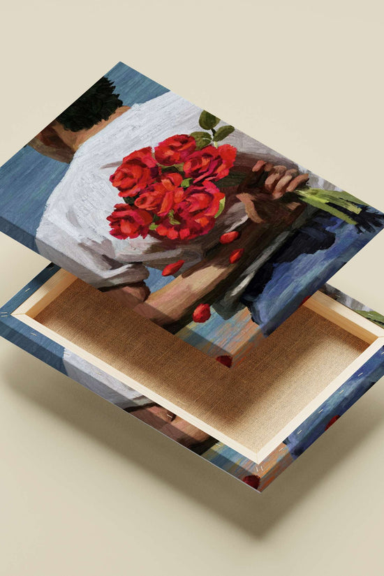 a man from the back holding a bouquet of red roses, wearing a white shirt