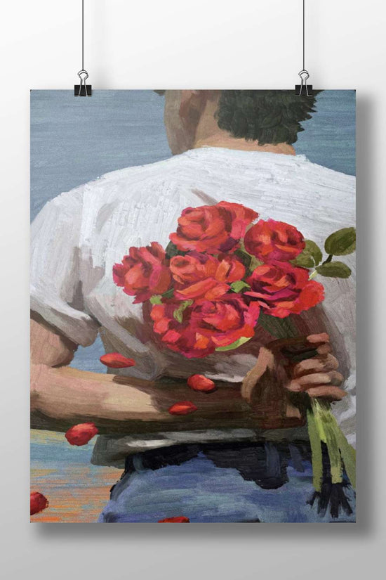 a man from the back holding a bouquet of red roses, wearing a white shirt