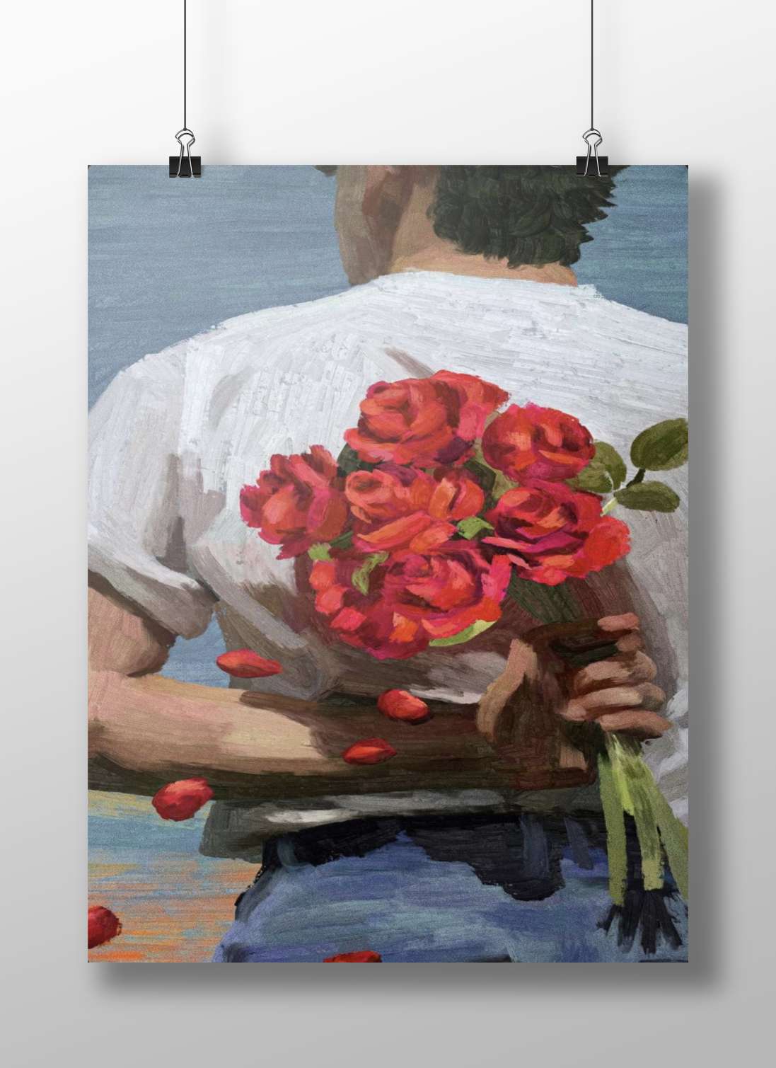a man from the back holding a bouquet of red roses, wearing a white shirt