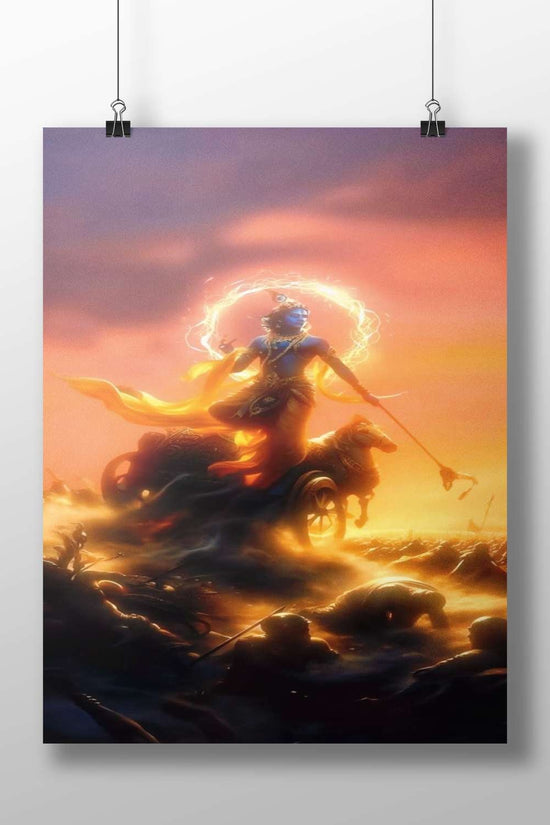 Lord Shiva (Hindu deity) depicted in a chariot battle scene with divine aura and trishula. Main Subject: Lord Shiva (Hindu