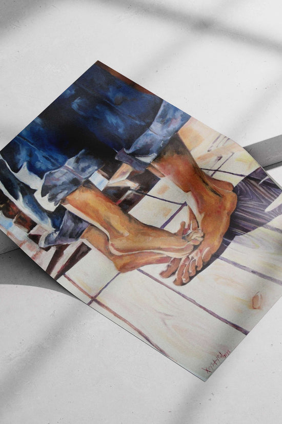 Bare feet of a person wearing rolled-up blue denim shorts Xy/Art 2015 Bare Feet Watercolor