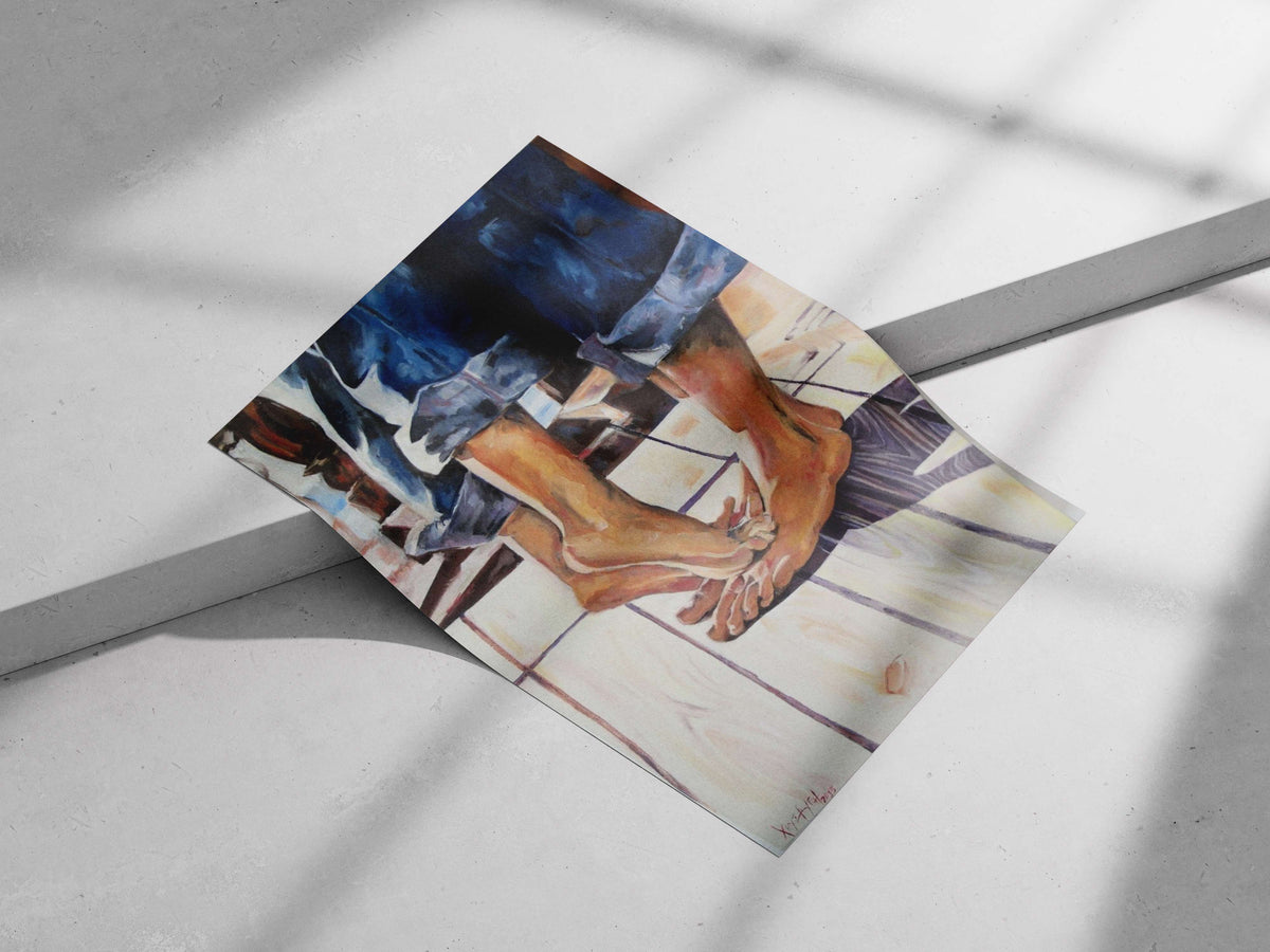 Bare feet of a person wearing rolled-up blue denim shorts Xy/Art 2015 Bare Feet Watercolor
