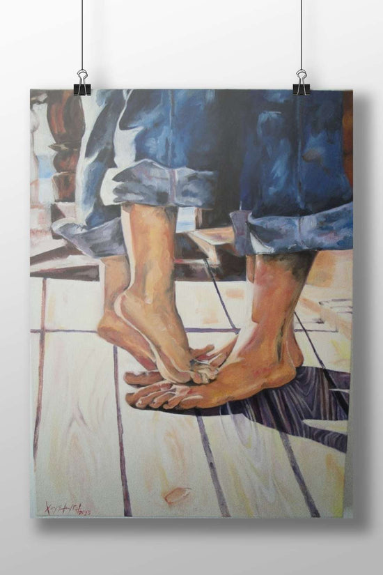 Bare feet of a person wearing rolled-up blue denim shorts Xy/Art 2015 Bare Feet Watercolor