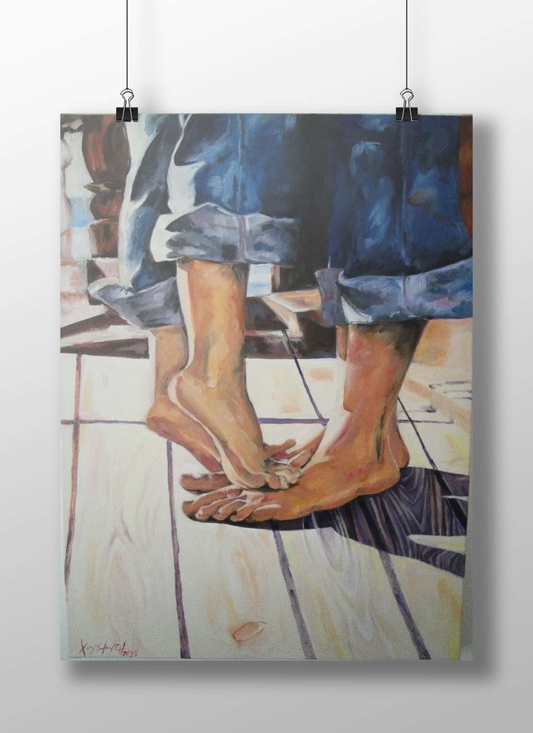 Bare feet of a person wearing rolled-up blue denim shorts Xy/Art 2015 Bare Feet Watercolor