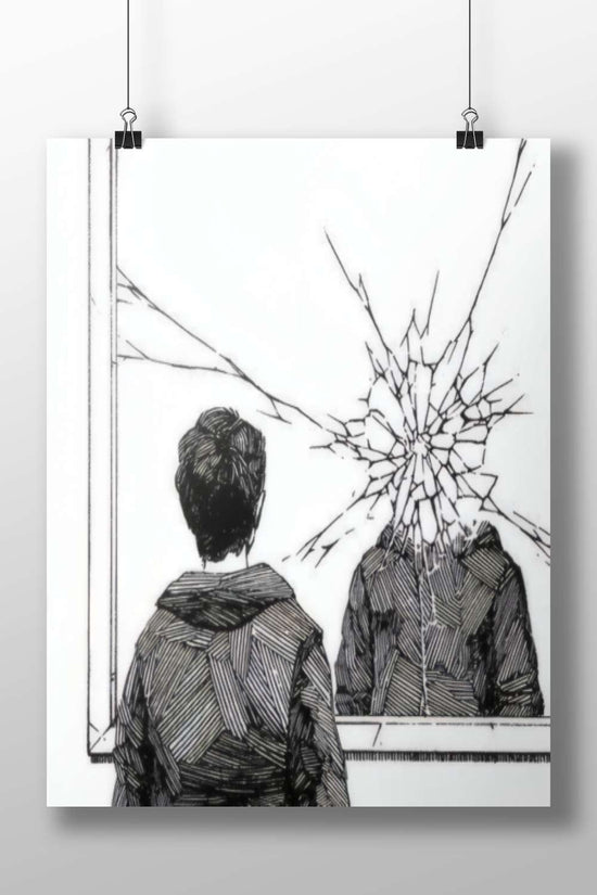 A man looking at a broken mirror Mirror Self - Reflection Vintage Lithograph Poster