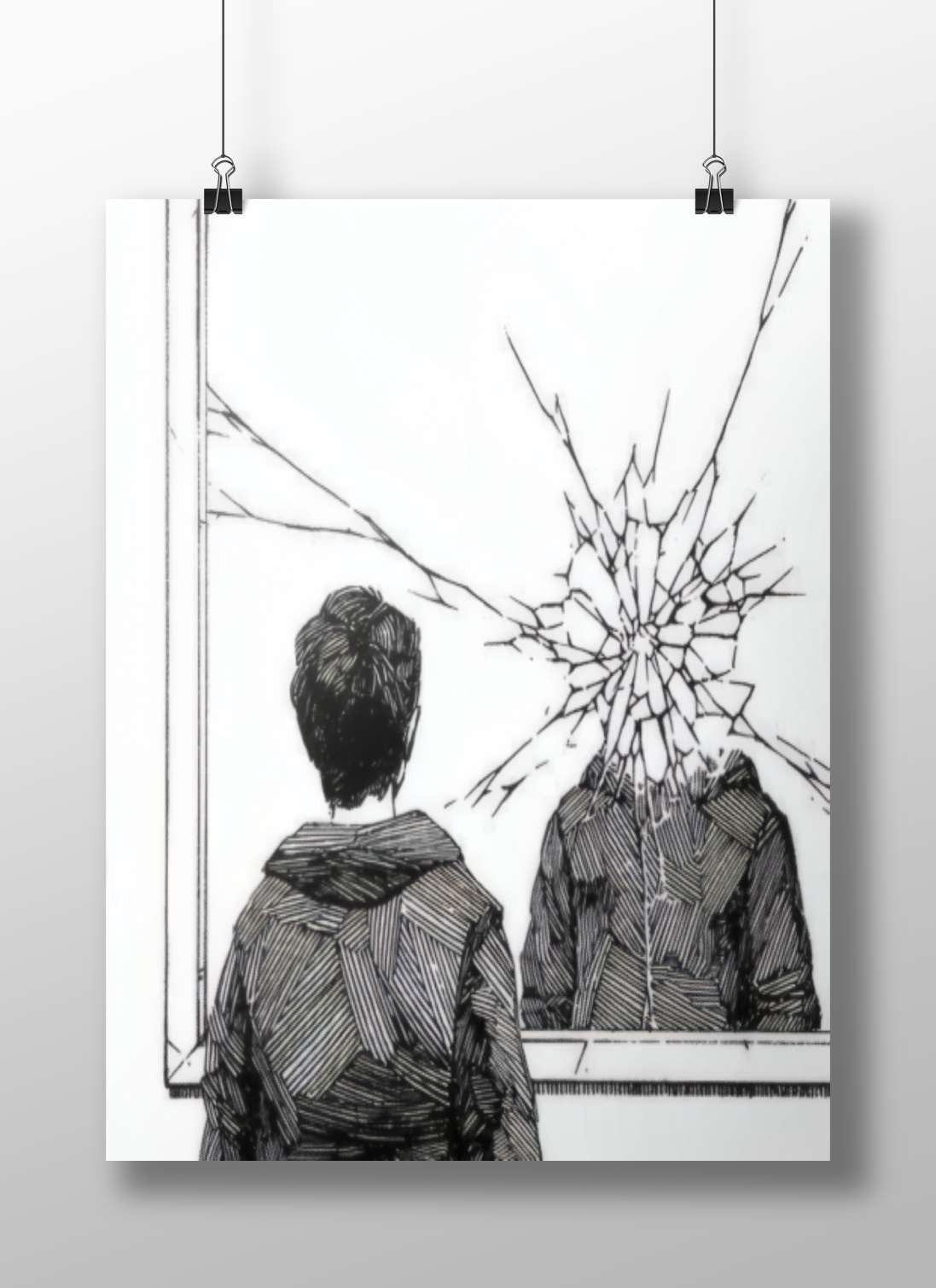 A man looking at a broken mirror Mirror Self - Reflection Vintage Lithograph Poster