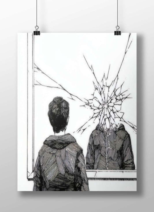 A man looking at a broken mirror Mirror Self - Reflection Vintage Lithograph Poster