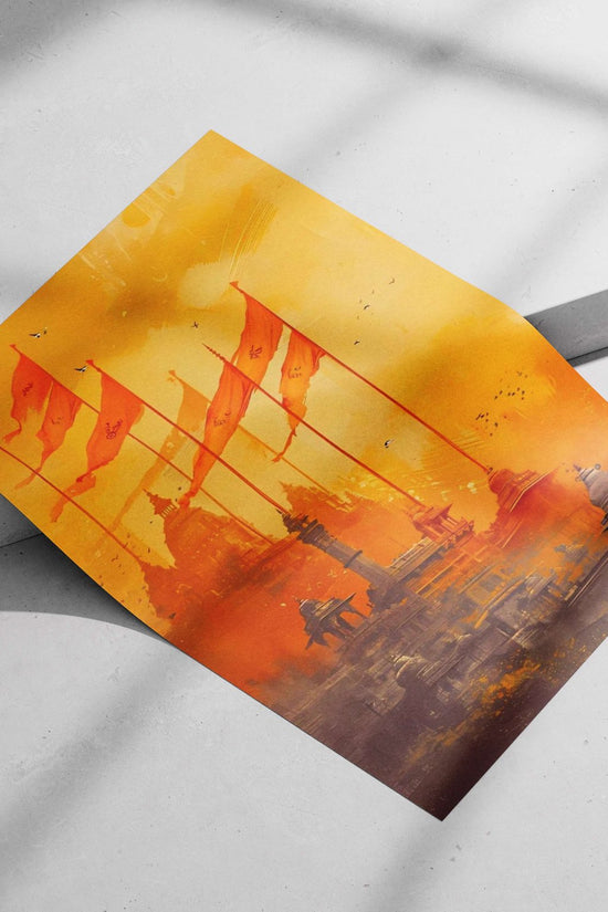 Orange flags with "Om" symbols and Hindu temple complex Main Subject: Orange flags with "Om" symbols and Hindu temple