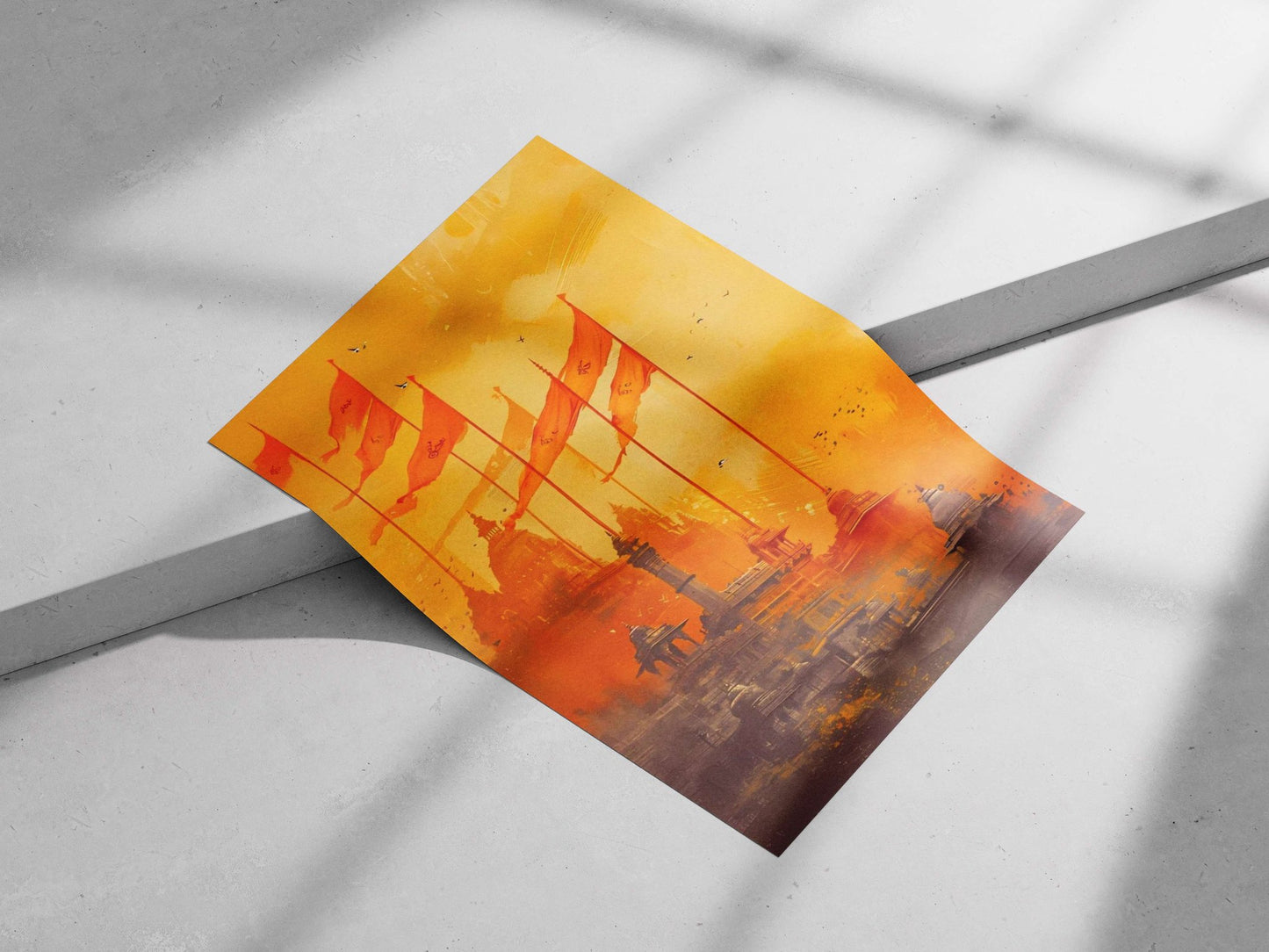 Orange flags with "Om" symbols and Hindu temple complex Main Subject: Orange flags with "Om" symbols and Hindu temple