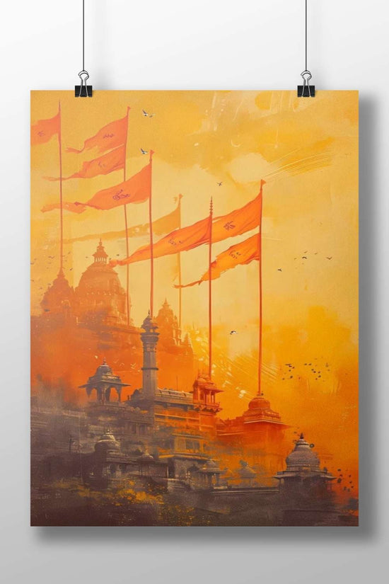 Orange flags with "Om" symbols and Hindu temple complex Main Subject: Orange flags with "Om" symbols and Hindu temple